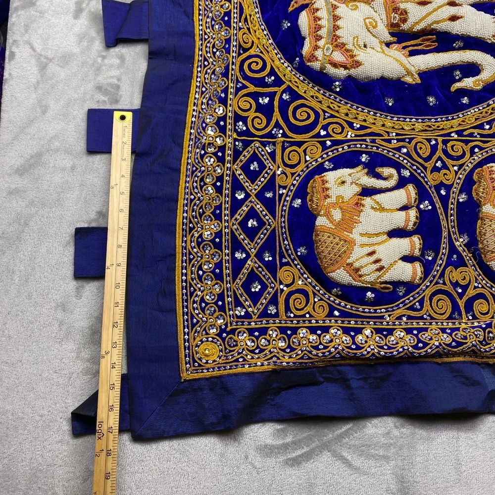 Vibrant Blue Elephant Tapestry Wall Hanging Embellished Beaded Thai Burmese Deco
